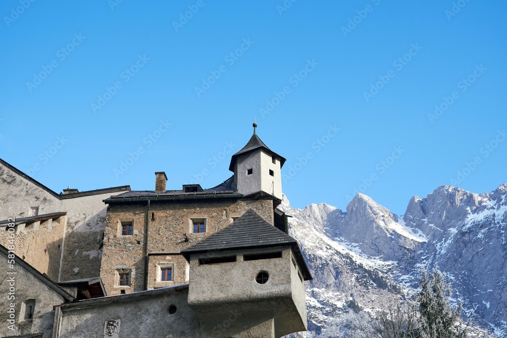 Blue sky over Hohenwerfen castle and fortress at Werfen in Austria