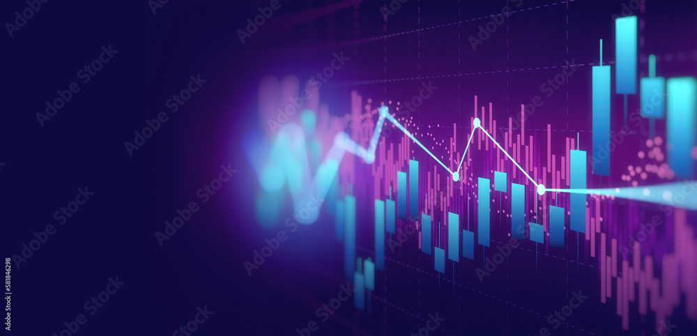 Financial graph with up trend line candlestick chart in stock market on neon color Widescreen background - obrazy, fototapety, plakaty 