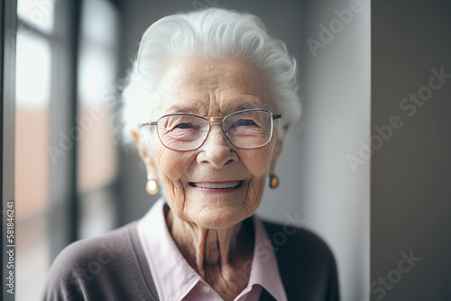Generative ai close up portrait of senior old smiling grandmother woman photo