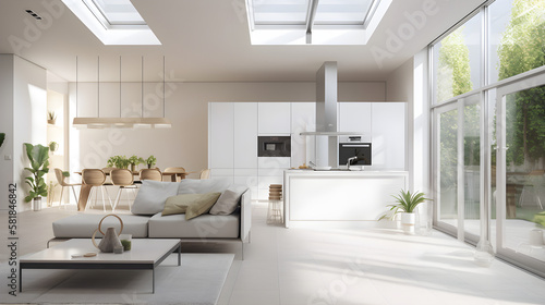 modern minimalist white interior, living room and kitchen