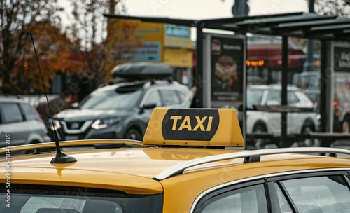 Closeup shot of a taxi sign on the top of a yellow car riding on a busy street © Marko Klarić/Wirestock Creators