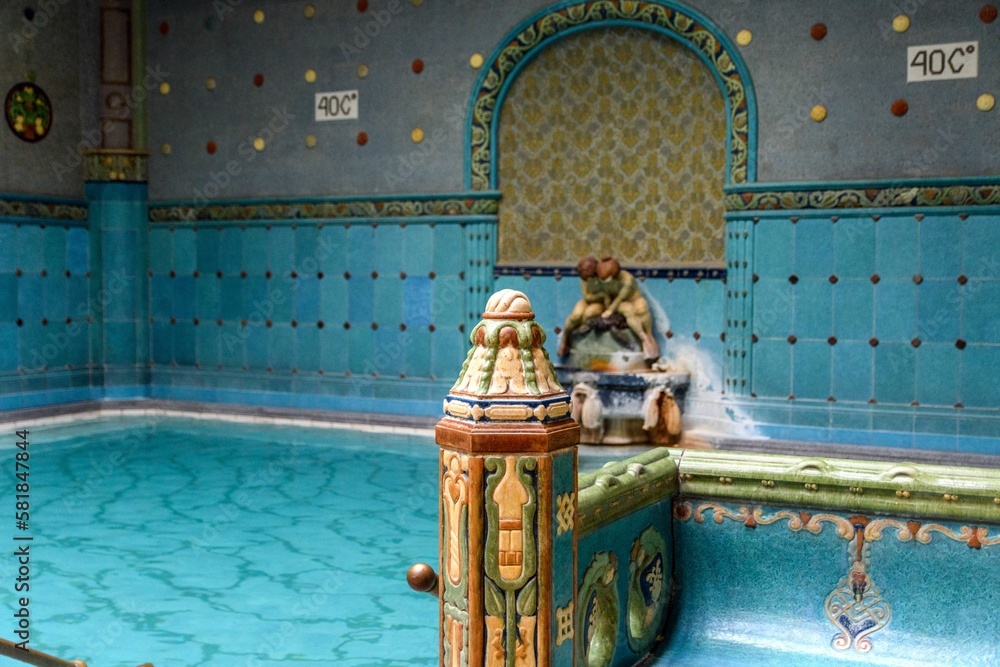 Fototapeta premium Spectacular blue thermal pool at Gellert Spa in Budapest, Hungary.