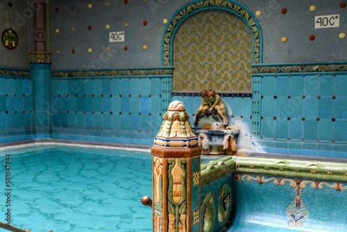 Spectacular blue thermal pool at Gellert Spa in Budapest, Hungary.