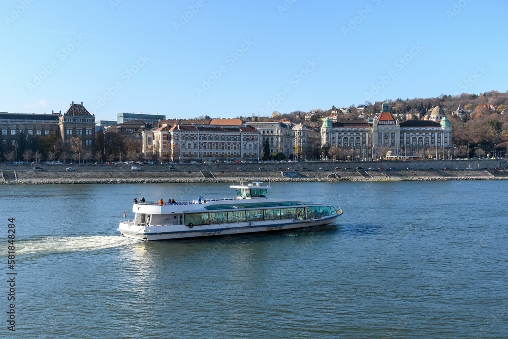 Large Tourist boat on Danube river in Budapest, Hungary