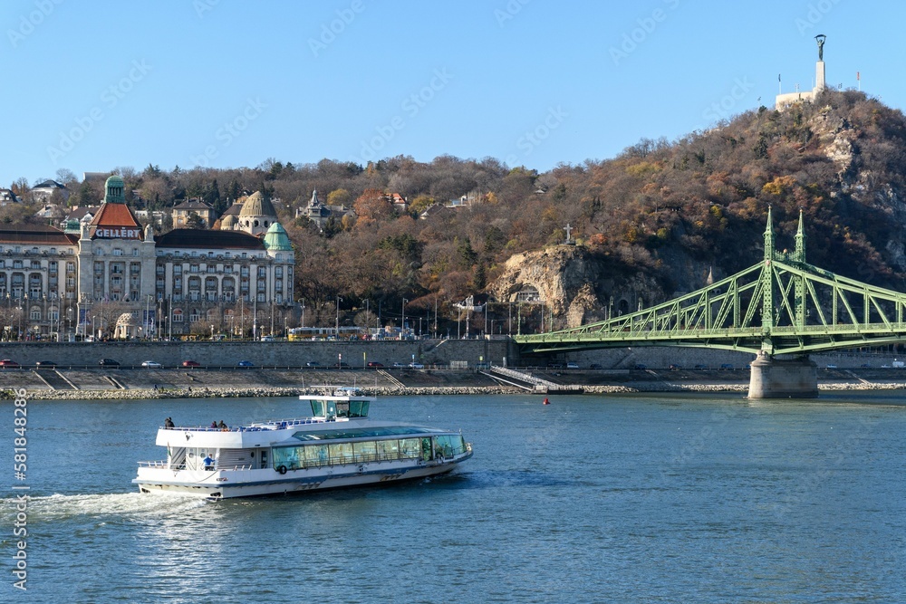 Large Tourist boat on Danube river in Budapest, Hungary