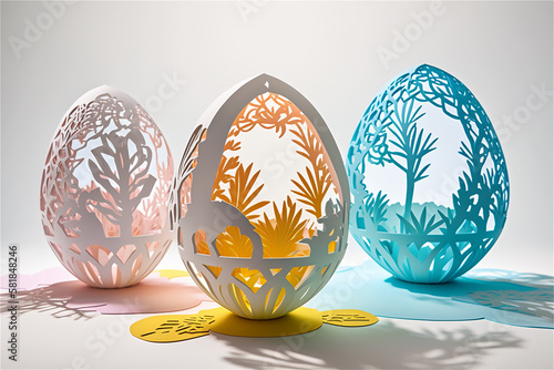 colorful easter eggs light background, paper cut style, illustration, Generative AI