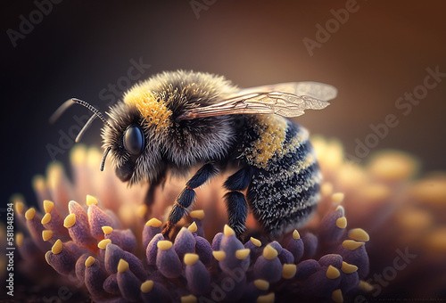 illustrazione di ape che succhia il polline da un fiore , concetto di impollinazione , creata con intelligenza artificiale photo