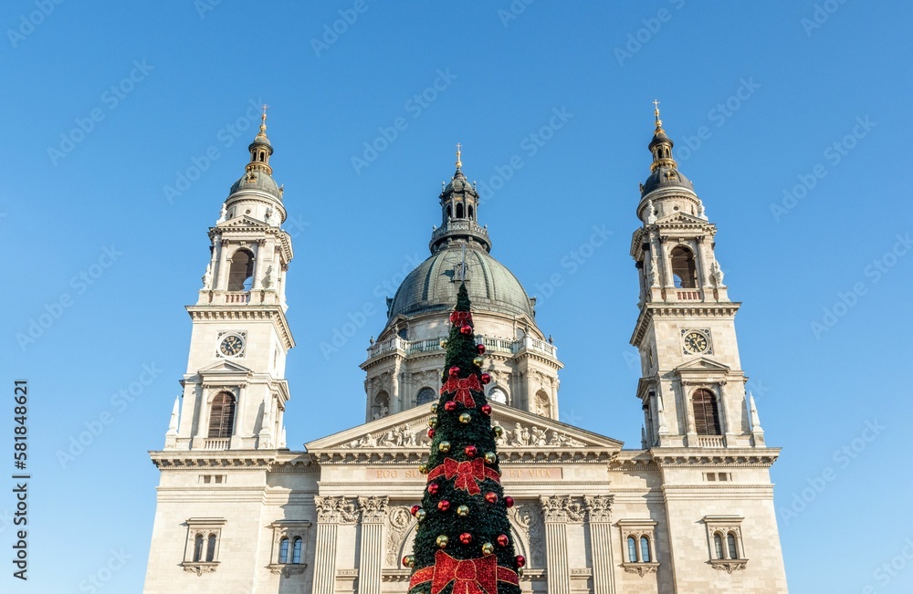 Beautiful Christmas tree in front of Saint Stephen's Basilica in Budapest, Hungary