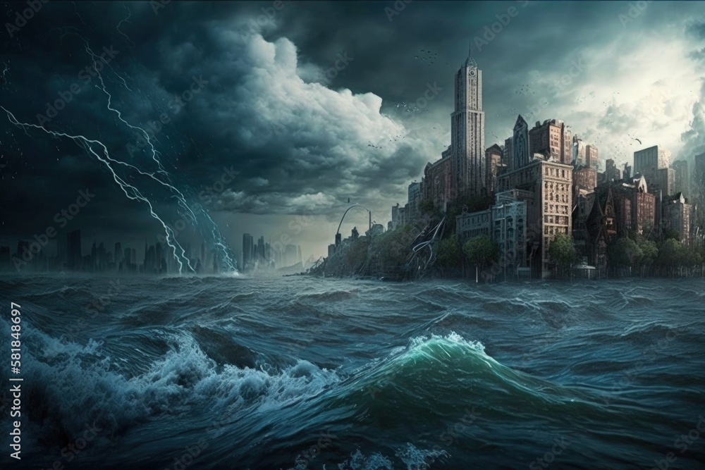 Illustration of city destroyed and flooded by sea water, concept of