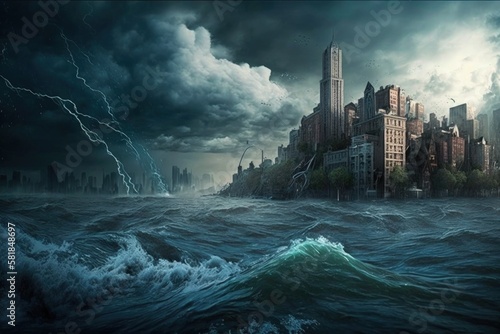 Illustration of city destroyed and flooded by sea water, concept of apocalypse, end of the world. Generative AI photo