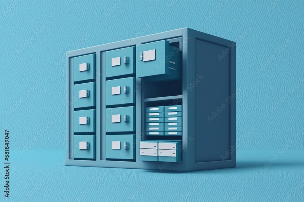 Blue file cabinet illustration, file storage concept, blue background. Generative AI Blue file cabinet illustration, file storage concept, blue background. Generative AI