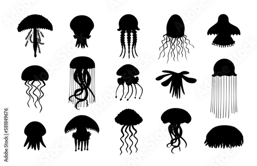 Set black jellyfish icons. Pretty jellyfish different silhouette on white background. For festive card, logo, children, pattern, tattoo, decorative, creative concept. Cartoon vector illustration