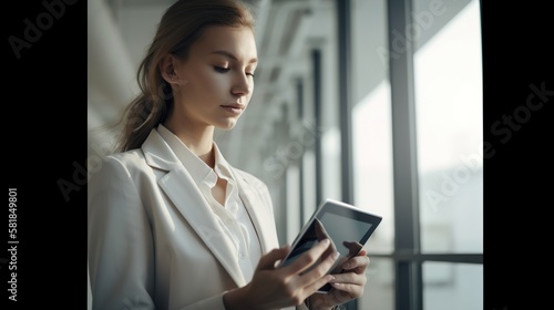 Business People using tablet with blank screen for tablet mockup in working office, Business Concept People using tablet, AI generated