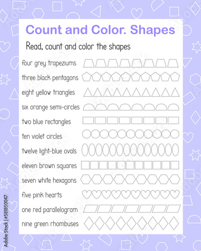 How many geometry shapes count and color game for kids forms and colors topical vocabulary vector illustration, educational puzzle, printable worksheet for leisure or study game, teachers resources