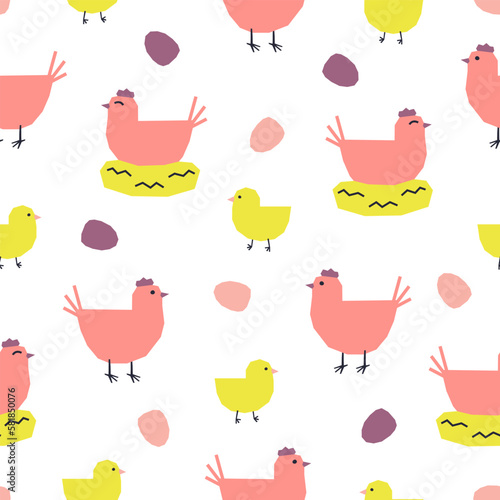 Seamless pattern with hens, chickens and eggs. Cutout colorful elements on white background.