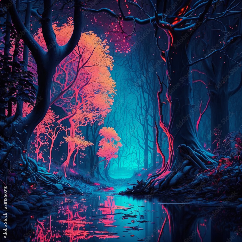 Fototapeta premium forest and flowers at night full of colors made with Generative AI