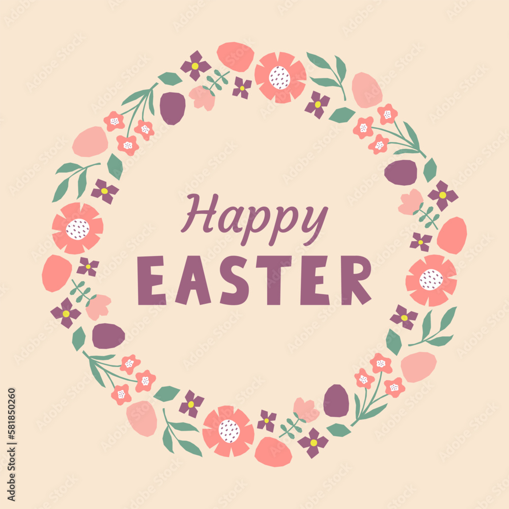 Easter card with colorful frame with cutout branches, flowers and easter eggs. Template for greeting card, invitation, poster, social media