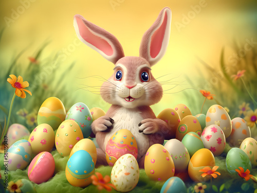 Easter bunny illustration sitting in a bunch of eggs