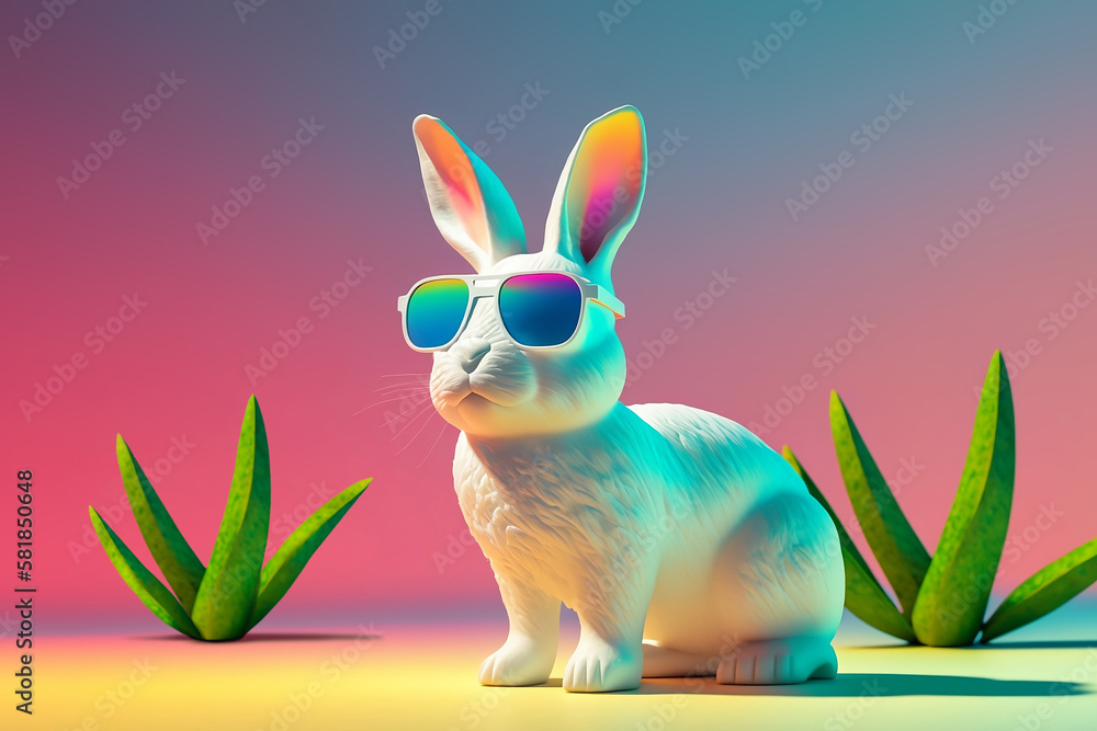 3D sculpture of a serious stylish frowning white bunny rabbit wearing ...