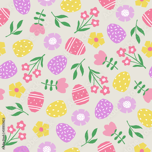 Seamless pattern with hand drawn Easter eggs, flowers and leaves. Cutout colorful plants and eggs on grey background