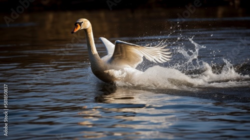 Swan about to take off from a lake
