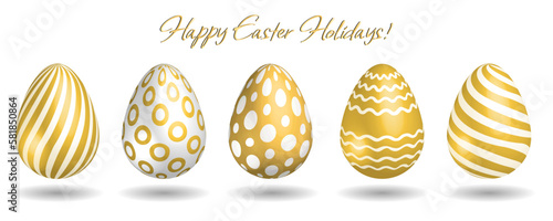 Collection of realistic golden vector Easter decorated eggs, traditional symbol of religious Eater Holiday, group of decorative objects.