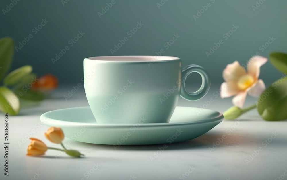 Fototapeta premium Mint pastel coffee cup matcha tea on a background of flowers minimalism asian Generative ai 
