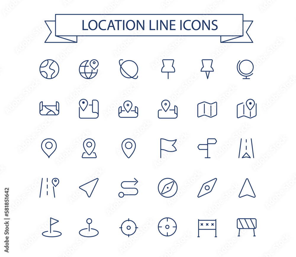 Maps and Location line simple icons. Navigation icons. Editable stroke ...