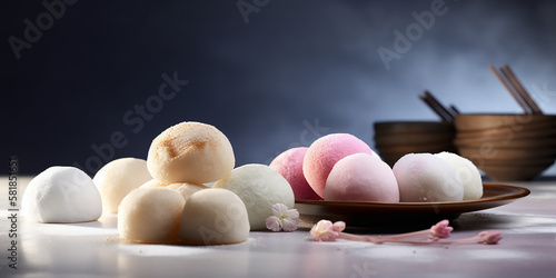 Soft focus on multi-colored mochi ice cream on a dark backdrop with wooden utensils and a tea bowl. photo
