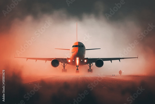  A plane taking off through thick fog Generative AI