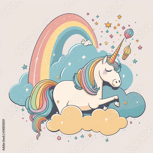 artoon-style unicorn with pastel colors and a rainbow.