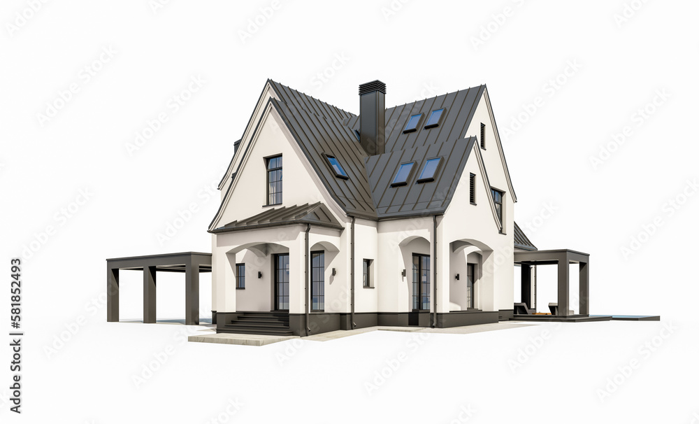 3d rendering of cute cozy white and black modern Tudor style house with parking and pool for sale or rent with beautiful landscaping. Fairy roofs. Isolated on white 3d rendering of cute cozy white and black modern Tudor style house with parking and pool for sale or rent with beautiful landscaping. Fairy roofs. Isolated on white