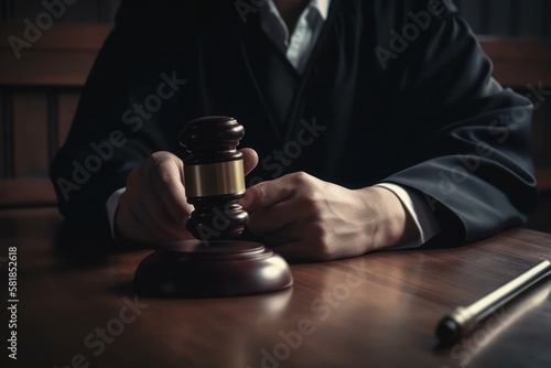 Judge with gavel at wooden table indoors closeup, generative ai