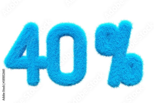 40% blue fur 3D render, fluffy promotion and discount price illustration