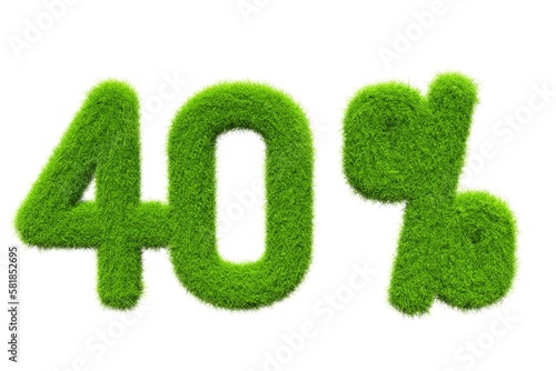 40% green fur 3D render, fluffy promotion and discount price illustration 