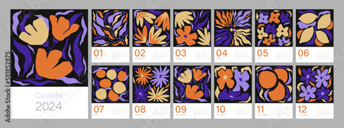 Floral calendar template for 2024. Vertical design with bright colorful flowers and leaves. Editable illustration page template A4, A3, set of 12 months with cover. Vector mesh. Week starts on Monday.