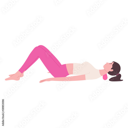 Foam roller exercise, woman relaxing her neck - flat vector illustration isolated on white background. Concepts of rehabilitation and physiotherapy. Pilates and yoga equipment.
