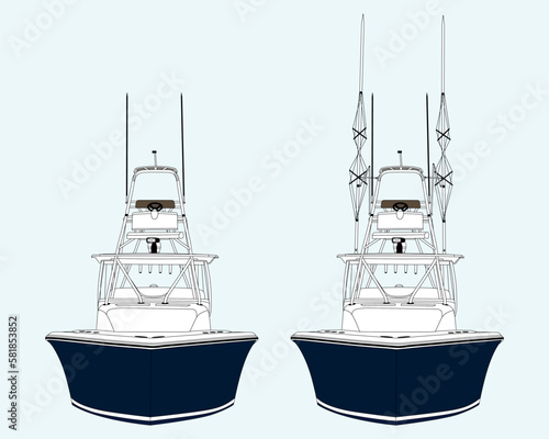 High quality front view fishing boat vector art, Which printable on various materials.