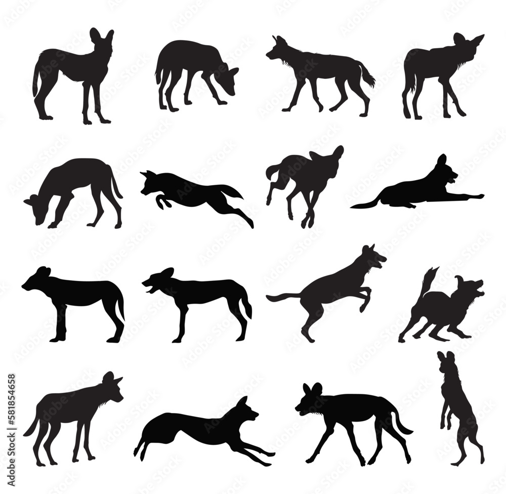 Wild dog silhouette vector illustration set.