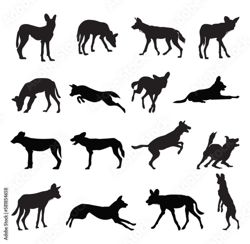 Wild dog silhouette vector illustration set.