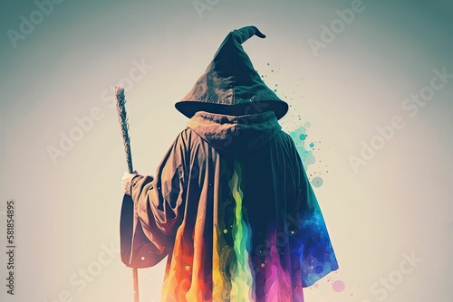 a man dressed as a wizard standing with a broom in his hand