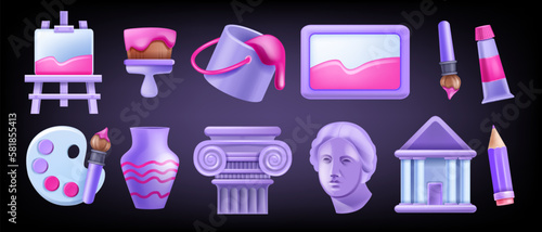 3D museum icon set, vector education historical art sign kit, ancient Greek sculpture head, easel. Roman pillar, archeology antique vase, building pictogram fine art exhibition collection. Museum icon