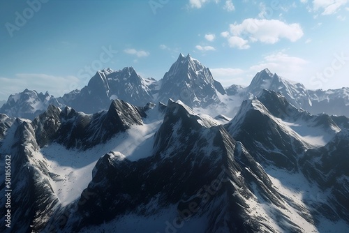 Mountains in the snow view from above illustration rocks cinematic background  Generative ai © notarobotyet
