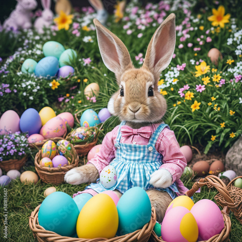 easter bunny with easter eggs - Generative AI