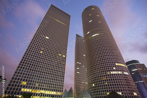 The skyscrapers on a sunset