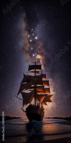 Pirate ship at night, astrophotography style. AI generated illustration © vector_master