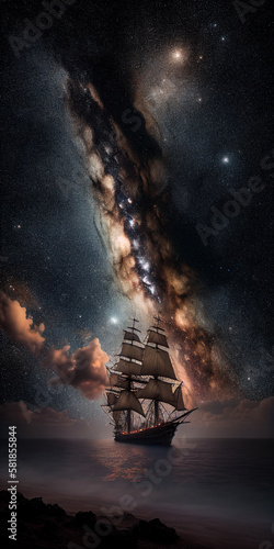 Pirate ship at night, astrophotography style. AI generated illustration