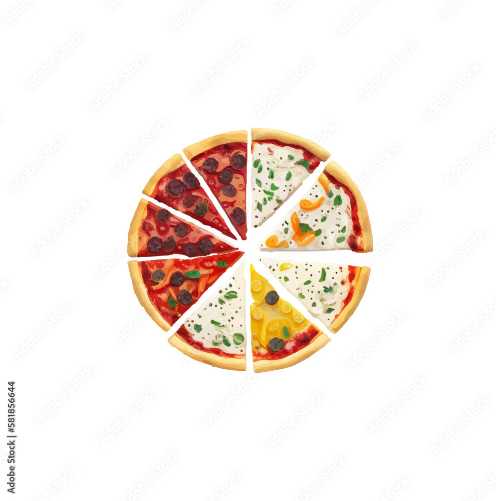 Round assorted pizza cut into triangular pieces with different toppings. Vector illustration of pizza with sausage slices, olives, onions, mushrooms, tomatoes, peppers and cheese
