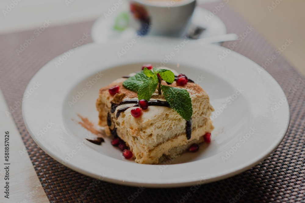 Closeup of Tiramisu on a white plate a cup of coffee blurred background