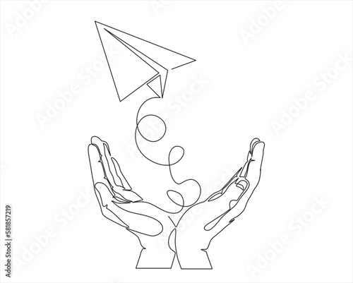 Hands launches into the sky airplane  isolated on white background. continuous line illustration. one line vector. concept of traveling